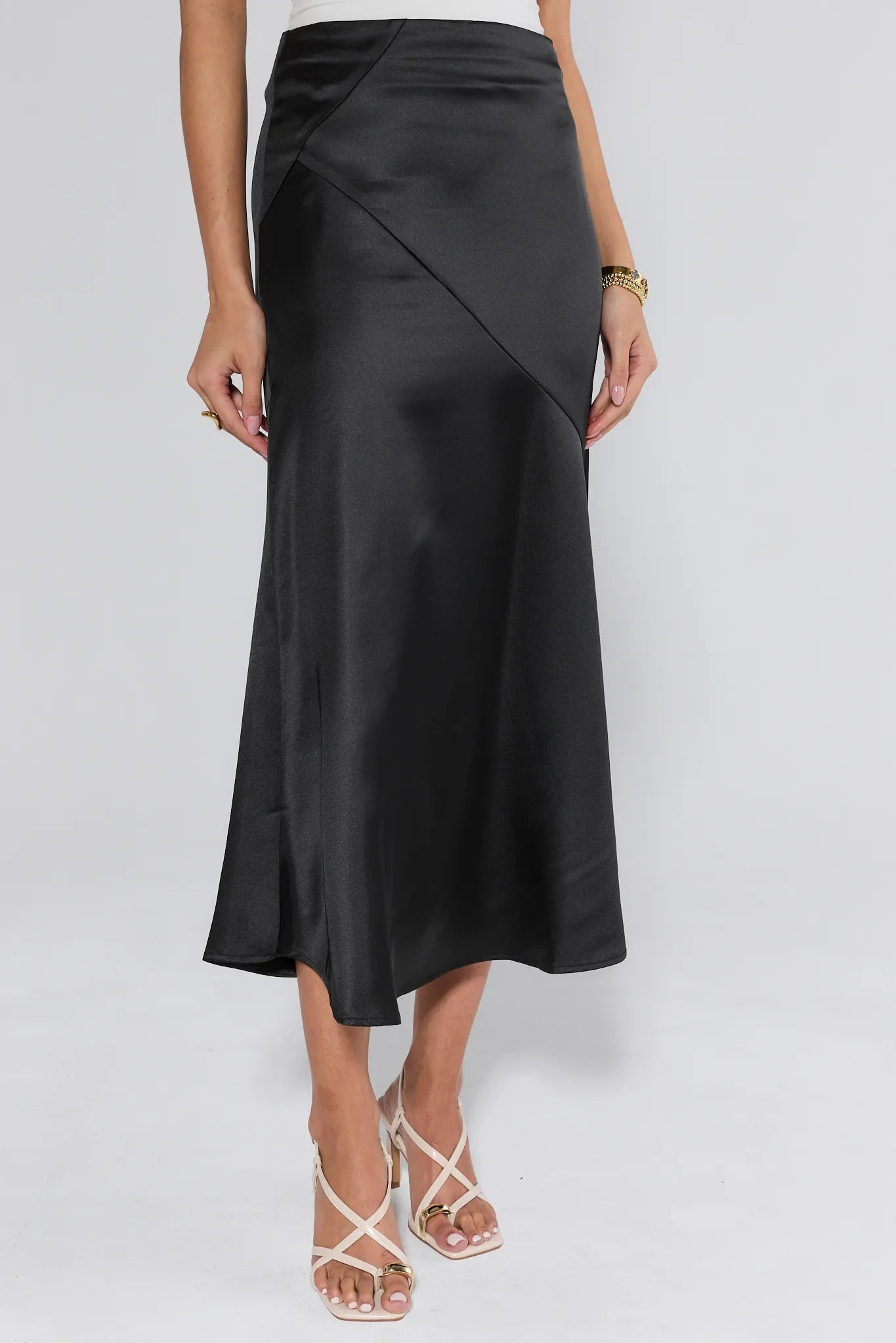 Margot Black Satin Midi Skirt | Avara
