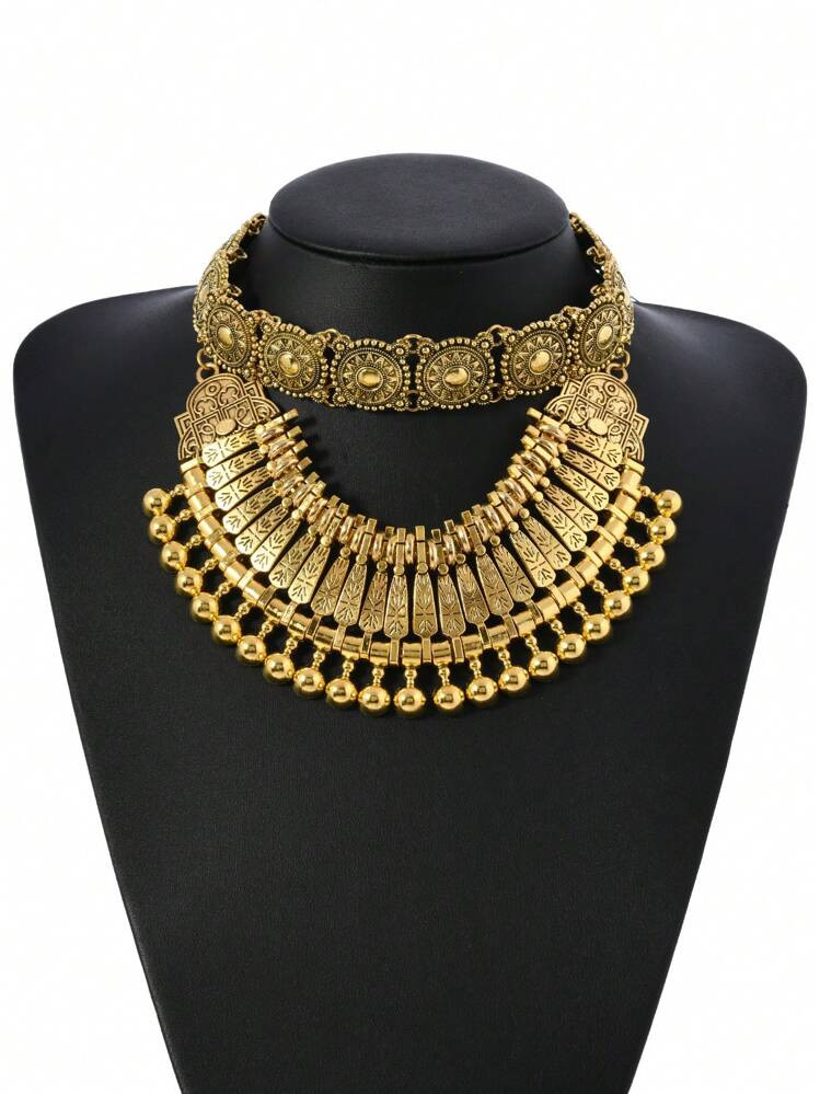 Retro Fashion Double Layer Punk Pattern Carved Line Necklace, Beach Casual Accessory Choker | SHEIN