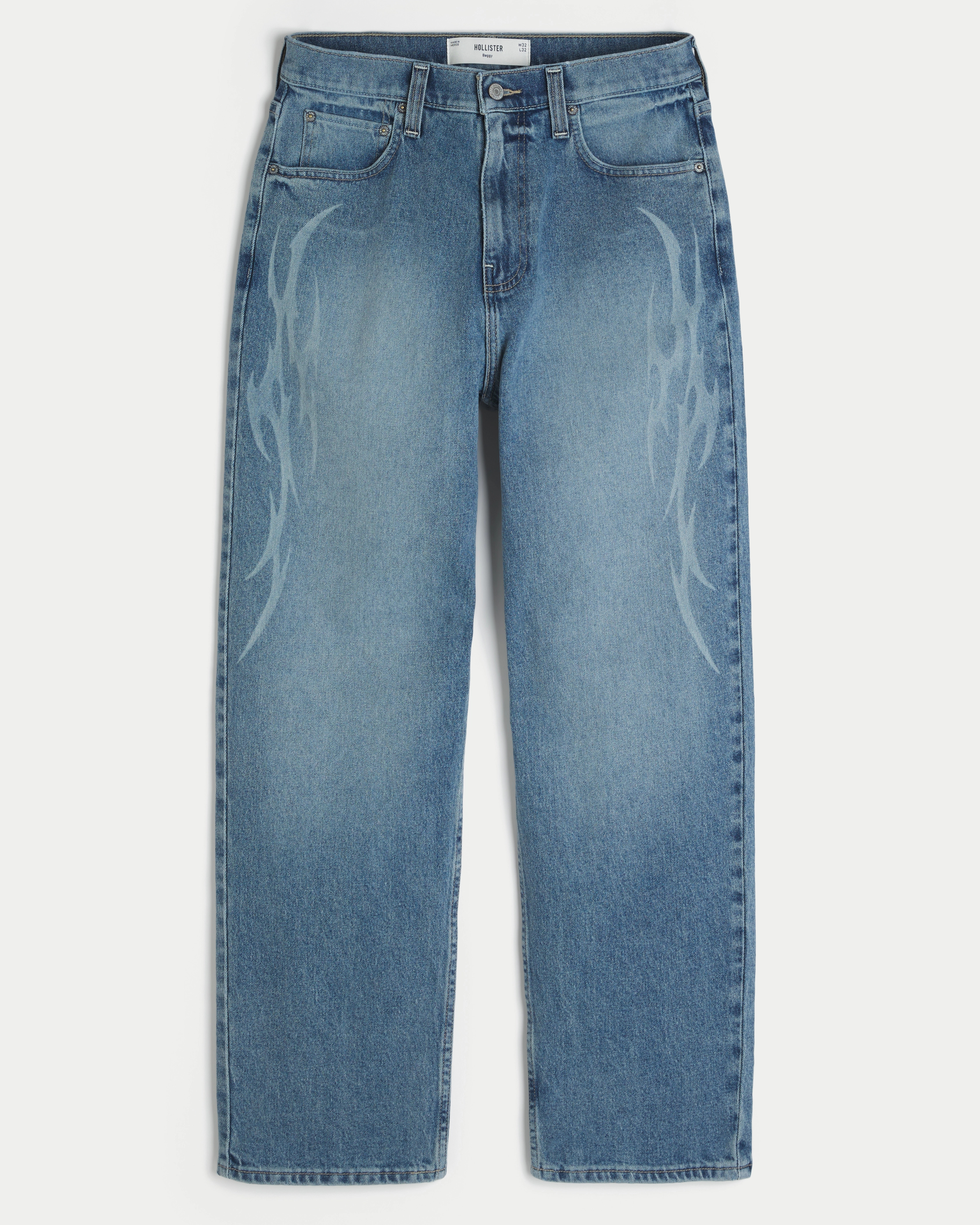 Medium Wash Flame Graphic Baggy Jeans | Hollister (US)