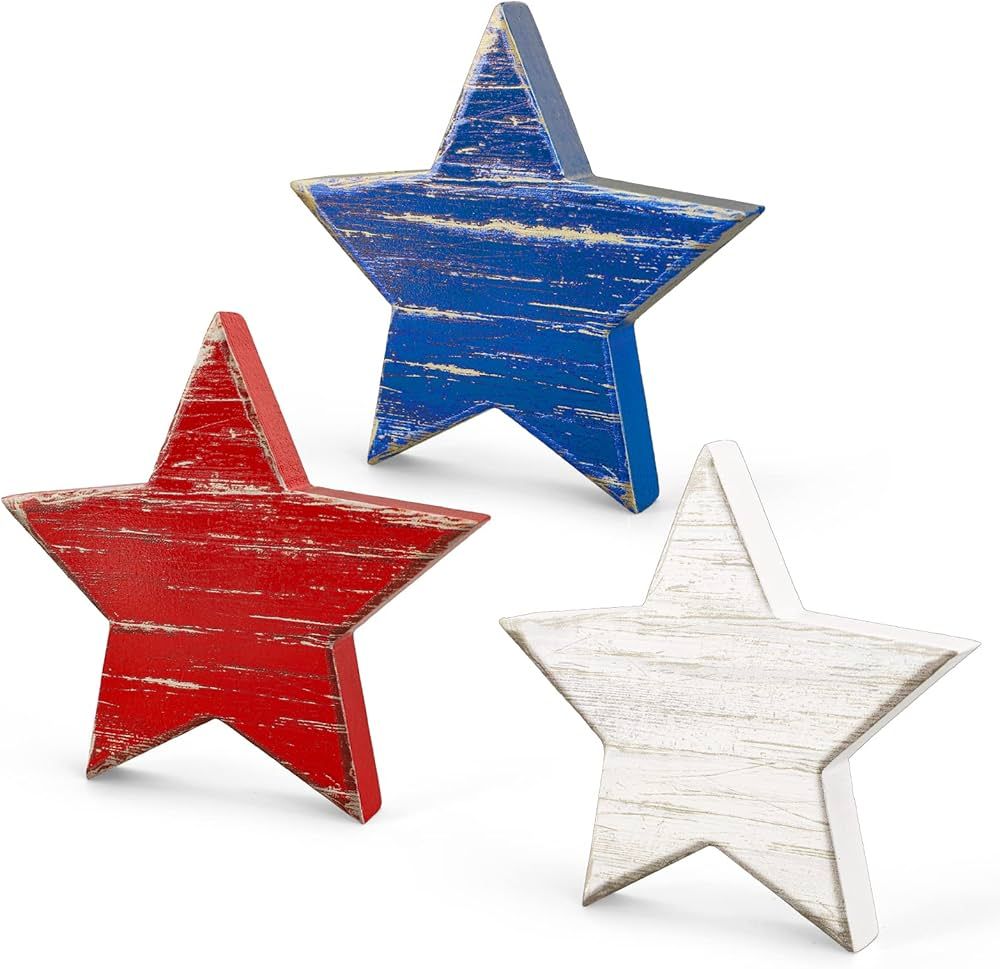 Whaline 4th of July Wooden Star Signs Patriotic Rustic Star Shape Tiered Tray Decor Red Blue Whit... | Amazon (US)