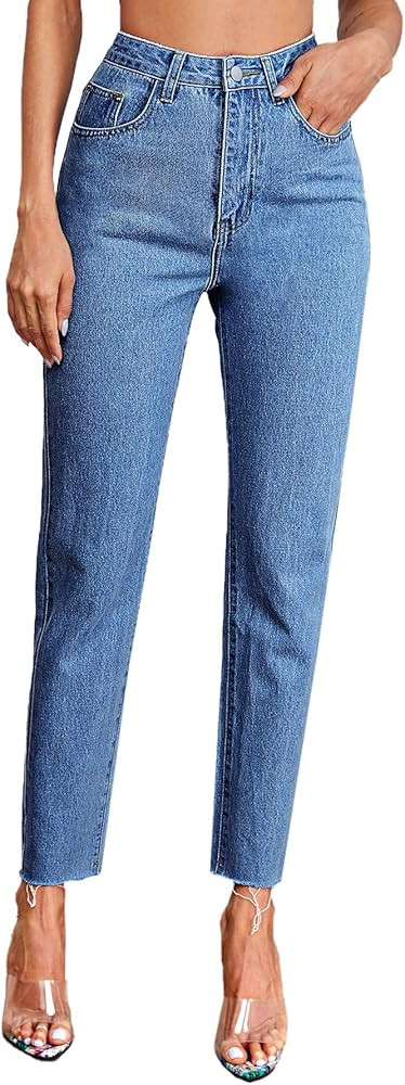 DIDK Women's Raw Hem High Waist Denim Pants Cropped Jeans with Pockets | Amazon (US)