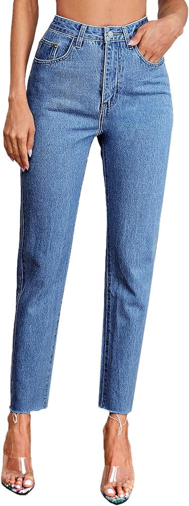 DIDK Women's Raw Hem High Waist Denim Pants Cropped Jeans with Pockets | Amazon (US)