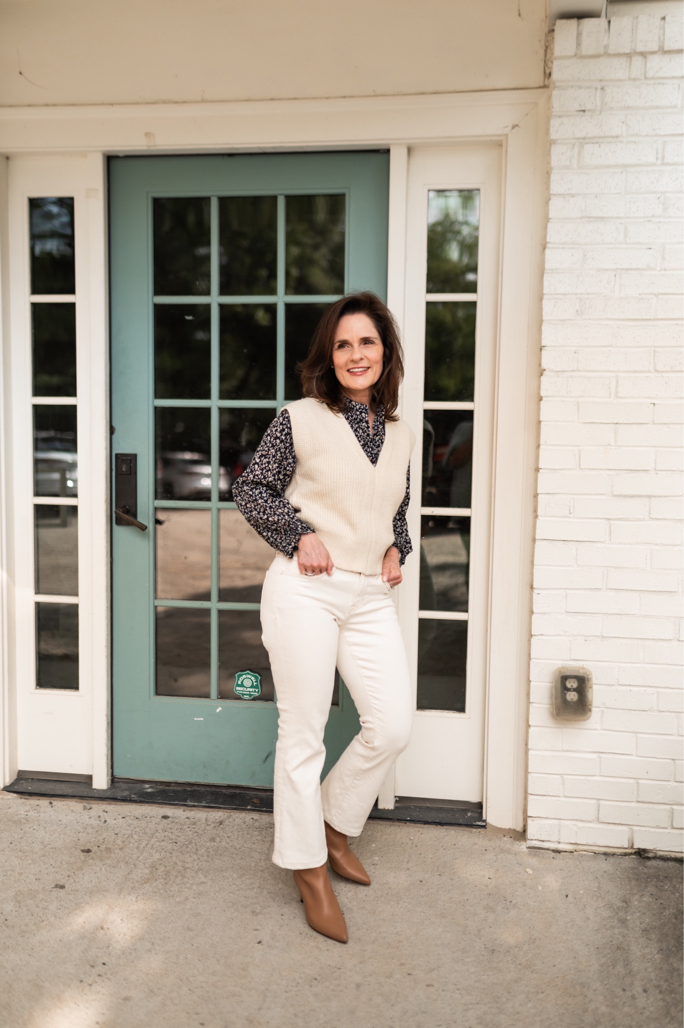 Ecru cropped boot cut jeans from the fall Tommy Bahama drop.  The jeans are so soft and fit TTS.  Wearing a size 2.  I did have them hemmed a bit to be cropped.  I could have worn them as full length.

Ivory sweater vest that will be a fall layering staple.

Camel booties from Inez that are so comfortable.  Use code SASBETH15 for 15% off.

Fall denim outfit, sweater vest
#ltkpetite #petite

#LTKStyleTip #LTKOver40 #LTKShoeCrush