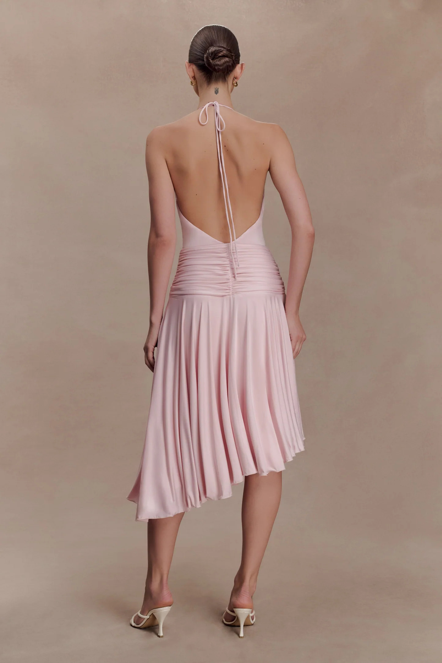 Asymmetric Slinky Midi Dress - Ballet Pink | MESHKI US