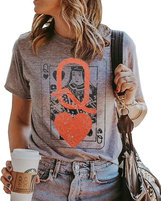Q of Hearts T-Shirt Women Vintage Graphic Tee Casual Letters Print Short Sleeve Tops | Amazon (US)