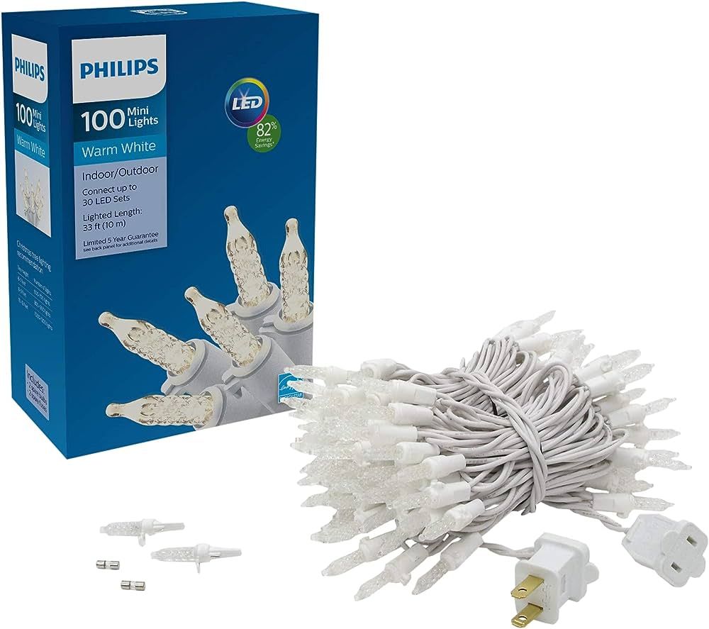 PHILIPS 100 LED Warm White Faceted Mini Christmas Lights on White Wire - UL Listed for Indoor/Out... | Amazon (US)