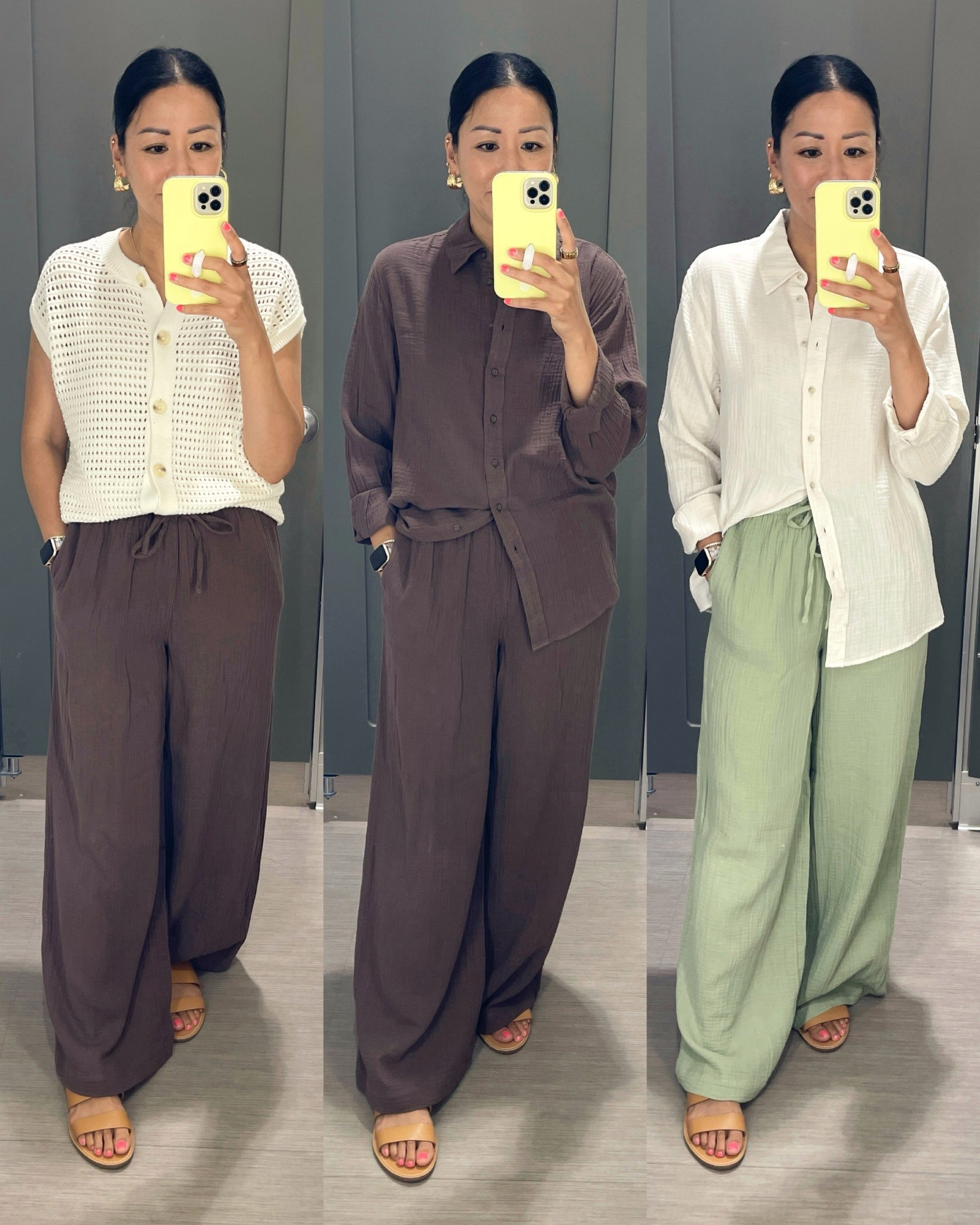 Size XS knit top
Size XS brown gauze top and size small cream gauze top
Size XS in pants
Sandals (old) are true to size

Target style
