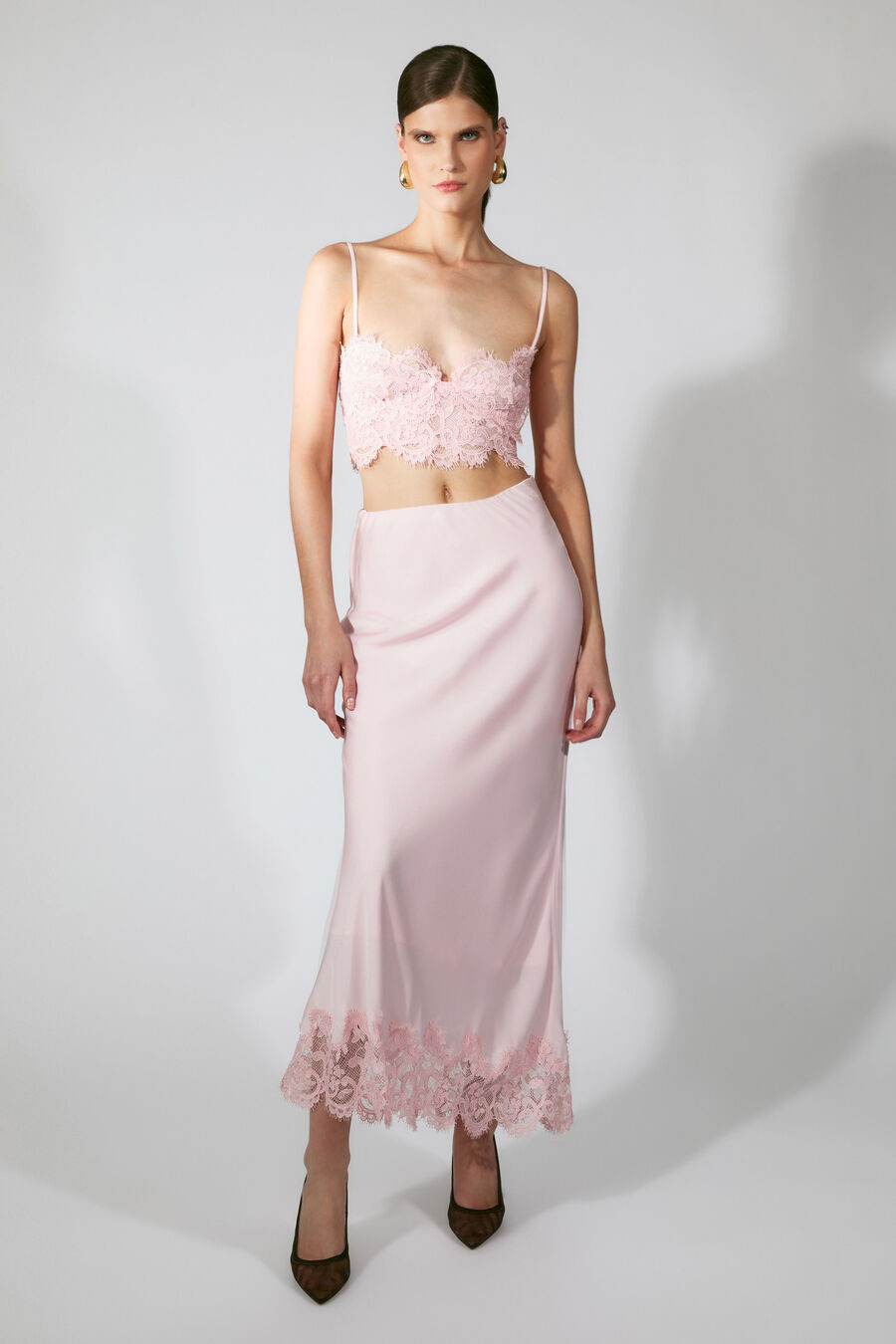 elisan lace satin midi skirt in petal pink | Bardot (US)