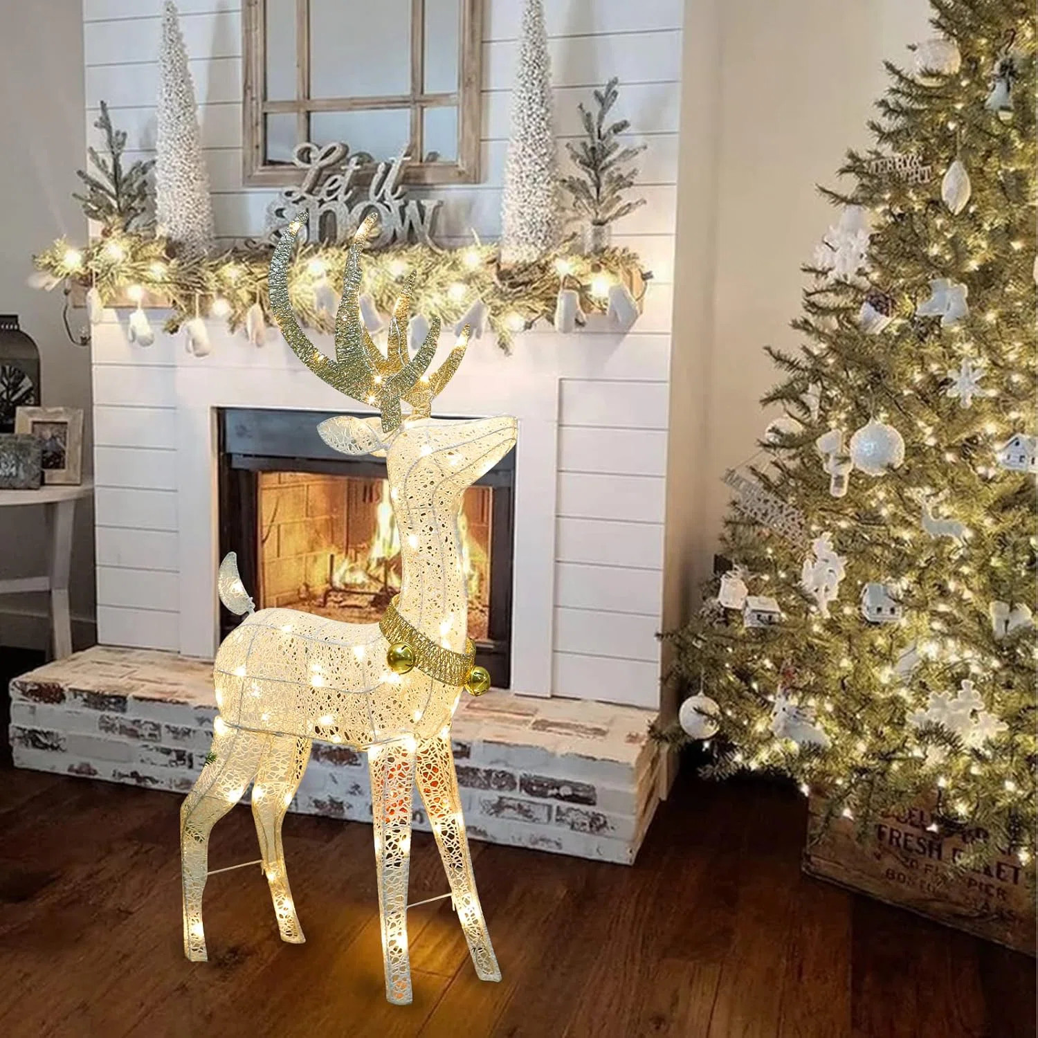 48” 70 LT Pre-Lit Christmas Glittering Reindeer With Gold Jingle Bell And Twinkle Light Outdoor... | Wayfair North America