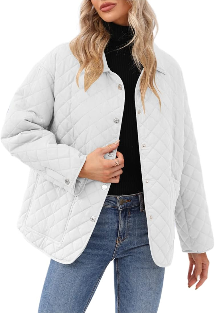 Women's Lapel Lightweight Quilted Jacket Concealed Buckle Long Sleeve Warm Oversized Coat with Two P | Amazon (US)