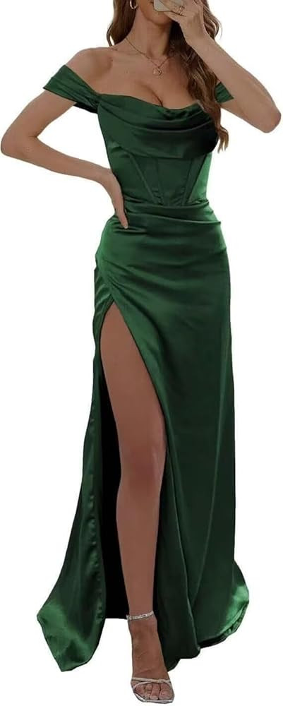 Women's Off Shoulder Mermaid Prom Dresses Satin Formal Evening Party Gowns Ruched Slit Bridesmaid... | Amazon (US)