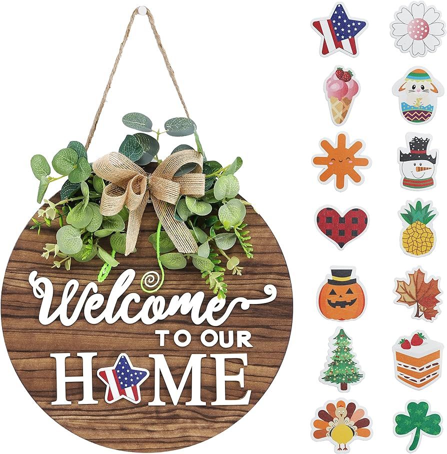 Interchangeable Seasonal Welcome Sign Front Door Decoration, Rustic Round Wood Wreaths Wall Hangi... | Amazon (US)