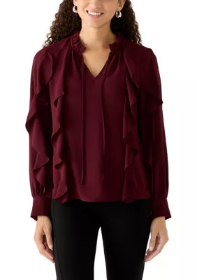 Petite Long Sleeve Keyhole Neck Ruffle Blouse | Belk