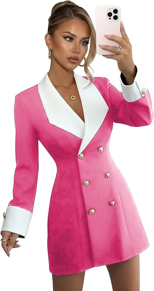 V Neck Bridesmaid Blazer Dress for Women Double Breasted Blazer Dress Long Sleeve Jacket Dresses ... | Amazon (US)