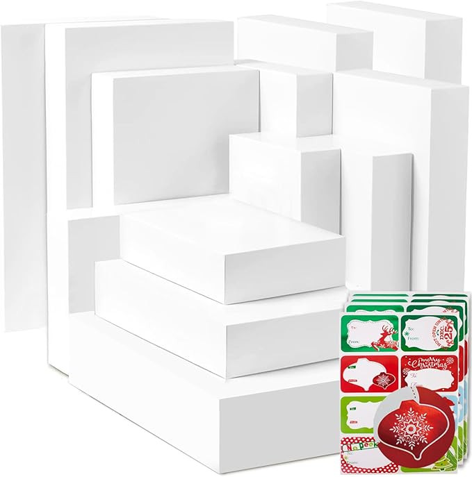 12 White Gift Wrap Boxes with Lids for wrapping Large Clothes and 80 Count Foil Christmas Tag Sti... | Amazon (US)