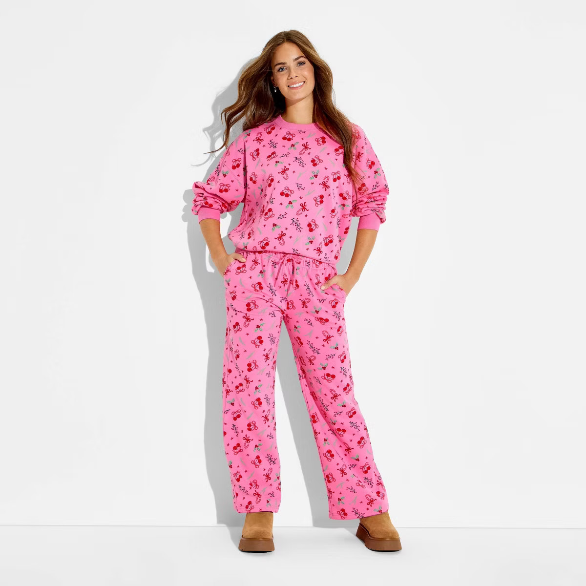 Women's Holiday Print Fleece Graphic Pants - Pink | Target