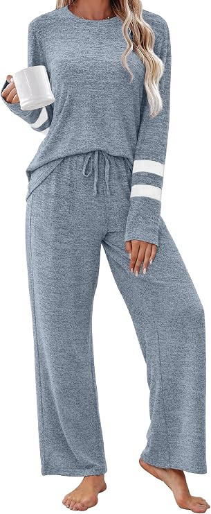 Womens 2 Piece Pajama Set Long Sleeve Wide Leg Pants Soft Stripe Cuffs Cozy Loungewear Sleepwear ... | Amazon (US)