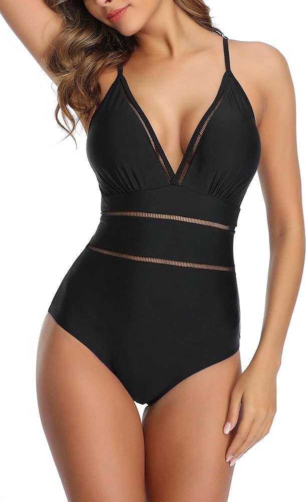 Women Deep V Neck Tummy Control Swimsuit One Piece Slimming Bathing Suit | Amazon (US)