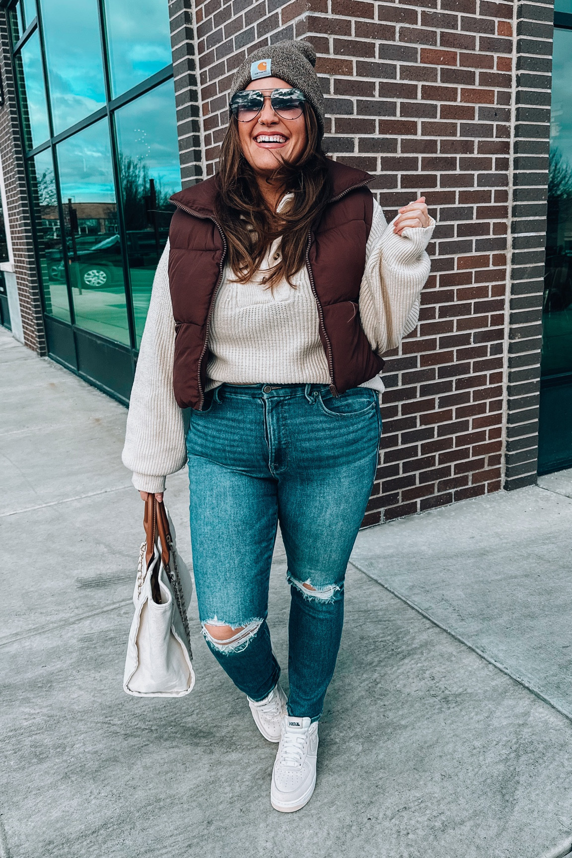 Midsize outfit size 14 
Vest- Amazon xl 
Sweater amazon xl 
Jeans size 15 
Cream Nike sneakers tts 
Sunglasses, socks and bag all Amazon fashion 


#LTKcurves #LTKsalealert #LTKunder50