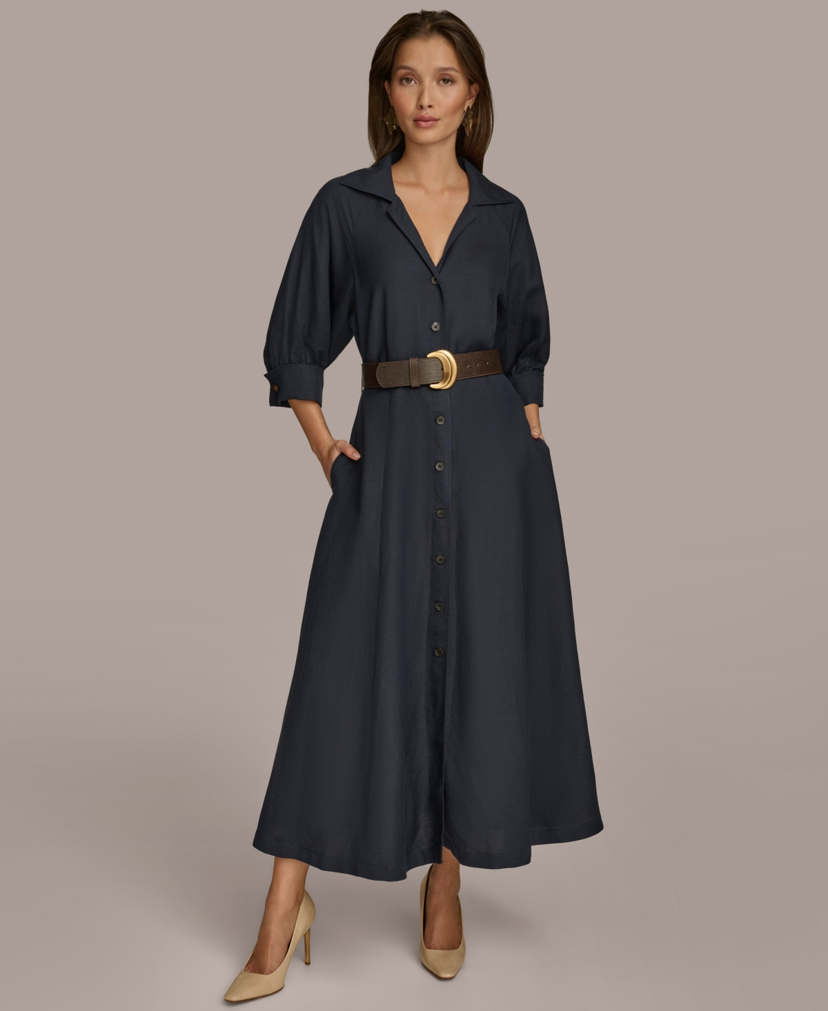 Donna Karan Women's Belted Midi Elbow-Sleeve Shirtdress - Nightfall | Macy's