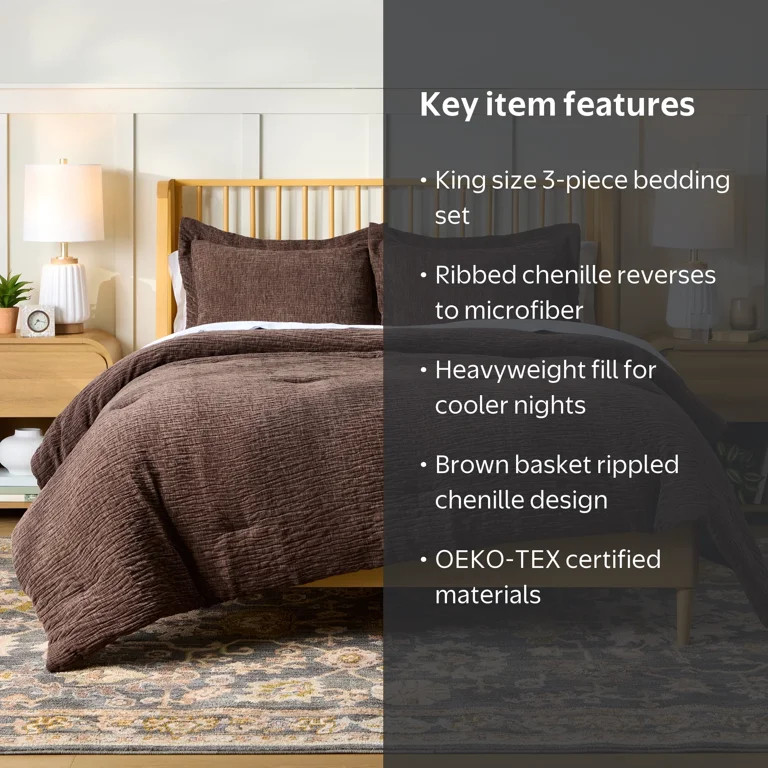 Better Homes & Gardens 3-Piece Brown Basket Rippled Chenille Comforter Set, King | Walmart (US)