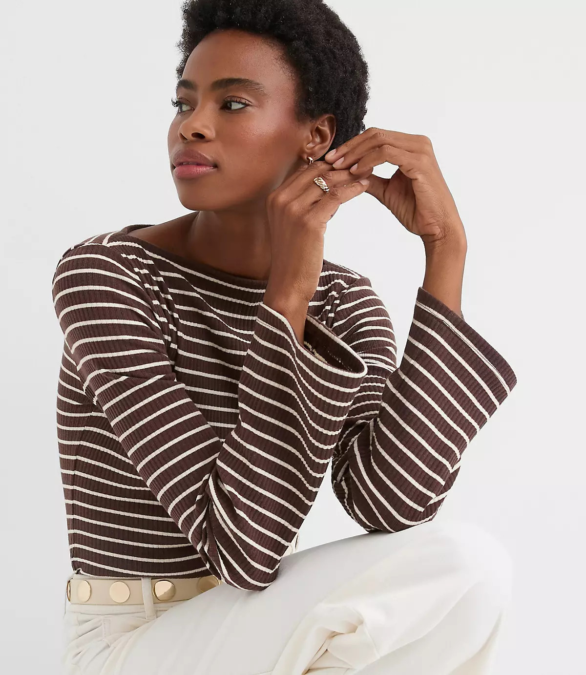 Stripe Ribbed Flare Sleeve Boatneck Top | LOFT