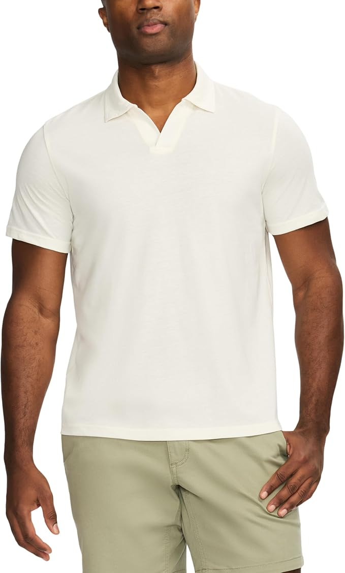 SAKS Fifth Avenue Men’s Short Sleeve Cotton‑Blend Johnny Collar Knit Polo | Amazon (US)