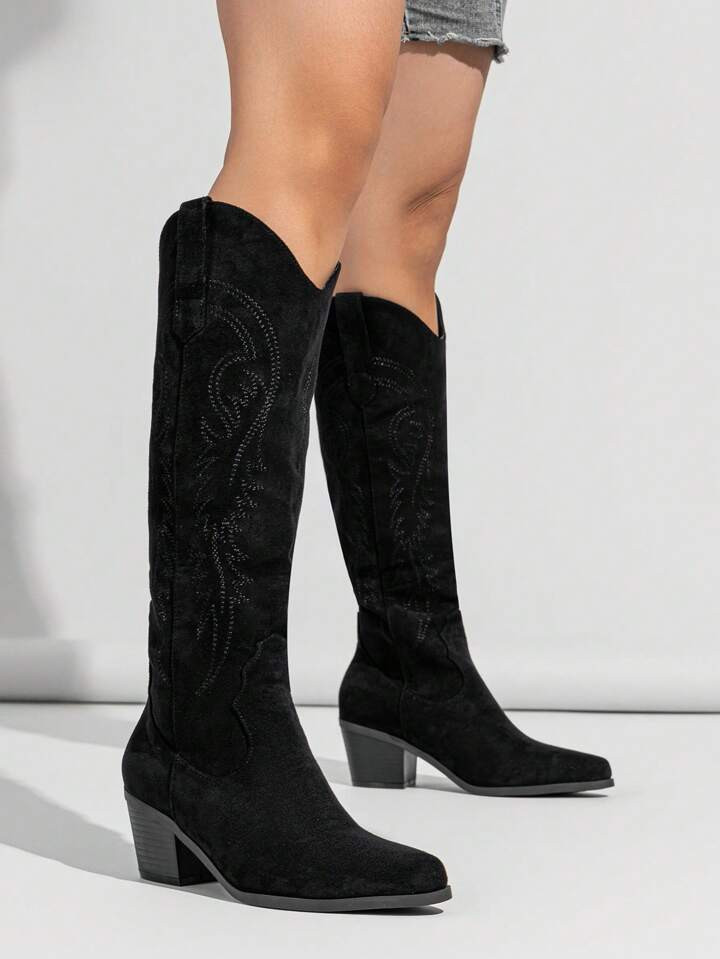 Mid-heel Pointed Toe Western Embroidery Slip-on Women's Fashion Boots | SHEIN