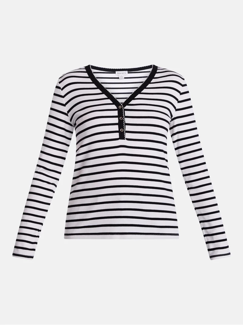 Scenario Women's and Women's Plus Striped Henley Shirt with Long Sleeves, Sizes XS-4X | Walmart (US)