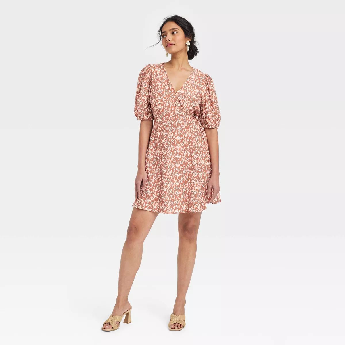 Women's Balloon Short Sleeve Mini Wrap Dress - A New Day™ Cream/Black Polka Dots S | Target