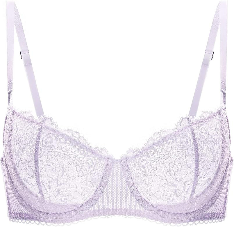 DOBREVA Women's Sexy Lace Push Up Plus Size Bra Sheer Balconette Underwire Unlined | Amazon (US)