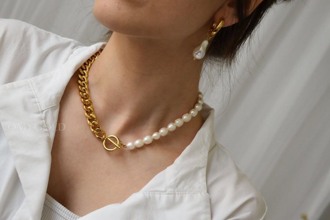 Gold Filled Pearl Choker Necklace Pearl Necklace Large Pearl Hoop Earrings, Hoop Earrings Dangle ... | Etsy (US)