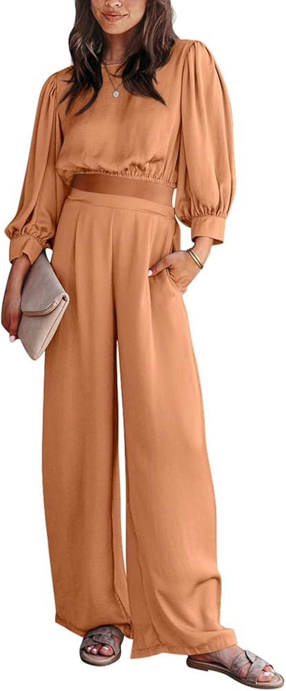 PRETTYGARDEN Women's 2 Piece Satin Outfits 2023 Spring Casual Puff Sleeve Crop Tops Blouse and Lo... | Amazon (US)