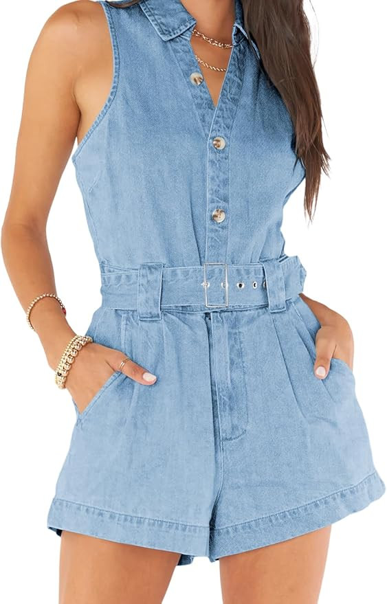 PLNOTME Women's Sleeveless Denim Rompers Summer Button Down Belted Jeans Short Jumpsuits | Amazon (US)