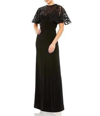 Mac Duggal Lace Embellished Flutter Sleeve A-Line Gown | Dillard's | Dillard's