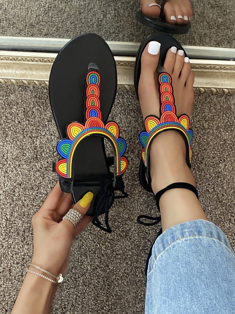 Colorblock Tie Leg Thong Sandals | SHEIN