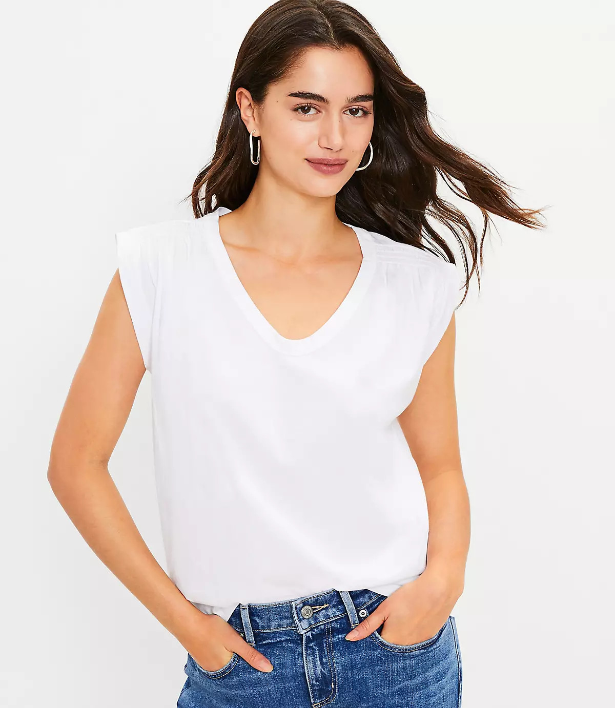 Smocked V-Neck Muscle Tee | LOFT | LOFT