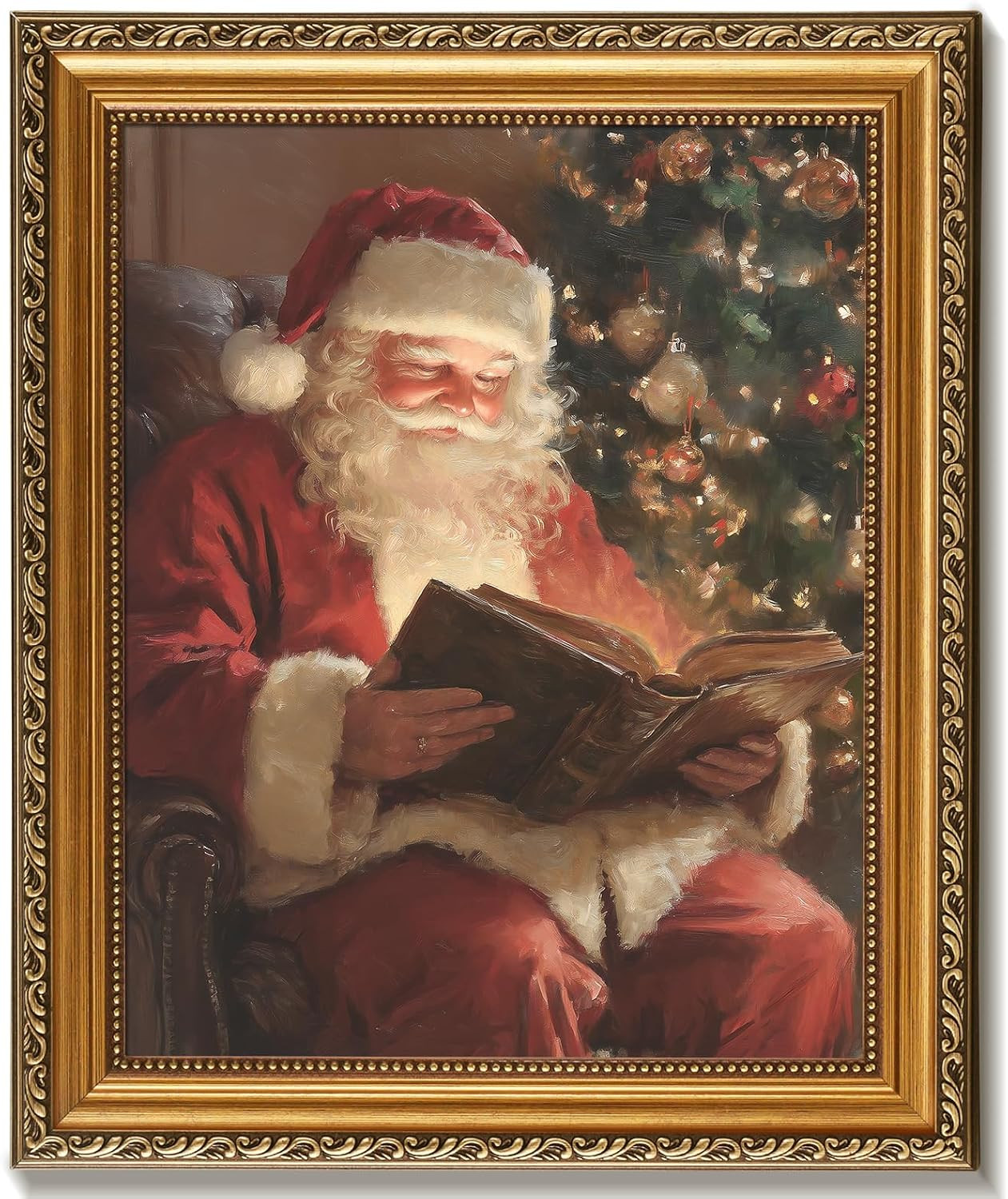 Vodefoad Vintage Gold Framed Christmas Wall Art, Retro Santa Claus Canvas Print Poster Decor Antique Santa Reading Book Rustic Oil Painting for Winter Room Art Decor, Holiday Decoration Gifts for Bedroom - 8x10Inch | Amazon (US)