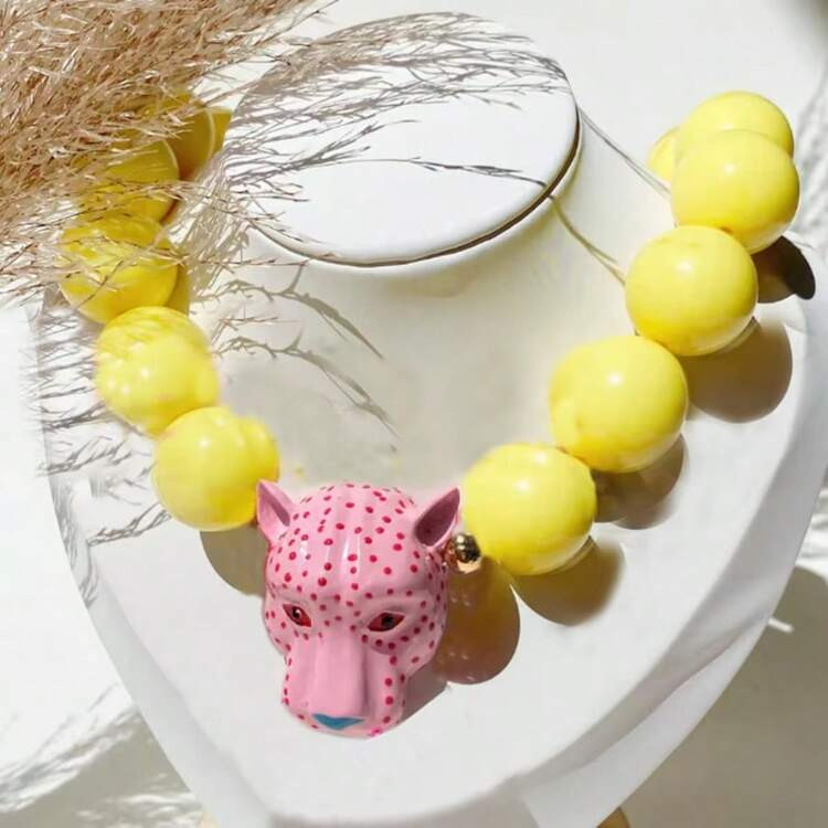 Hiphop Style Chunky Chain Necklace, Pink Leopard Head Necklace, Beaded Necklace, Personalized Jewelry, Gift Accessories | SHEIN