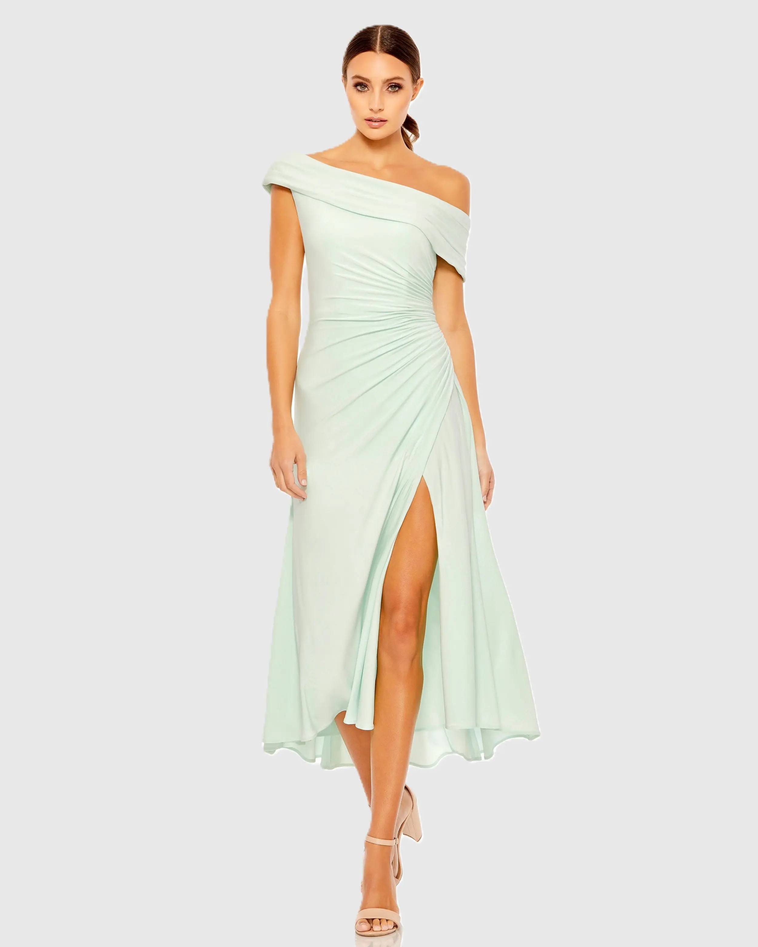 Green Ruched Off-The-Shoulder Midi Dress - Mac Duggal | Mac Duggal