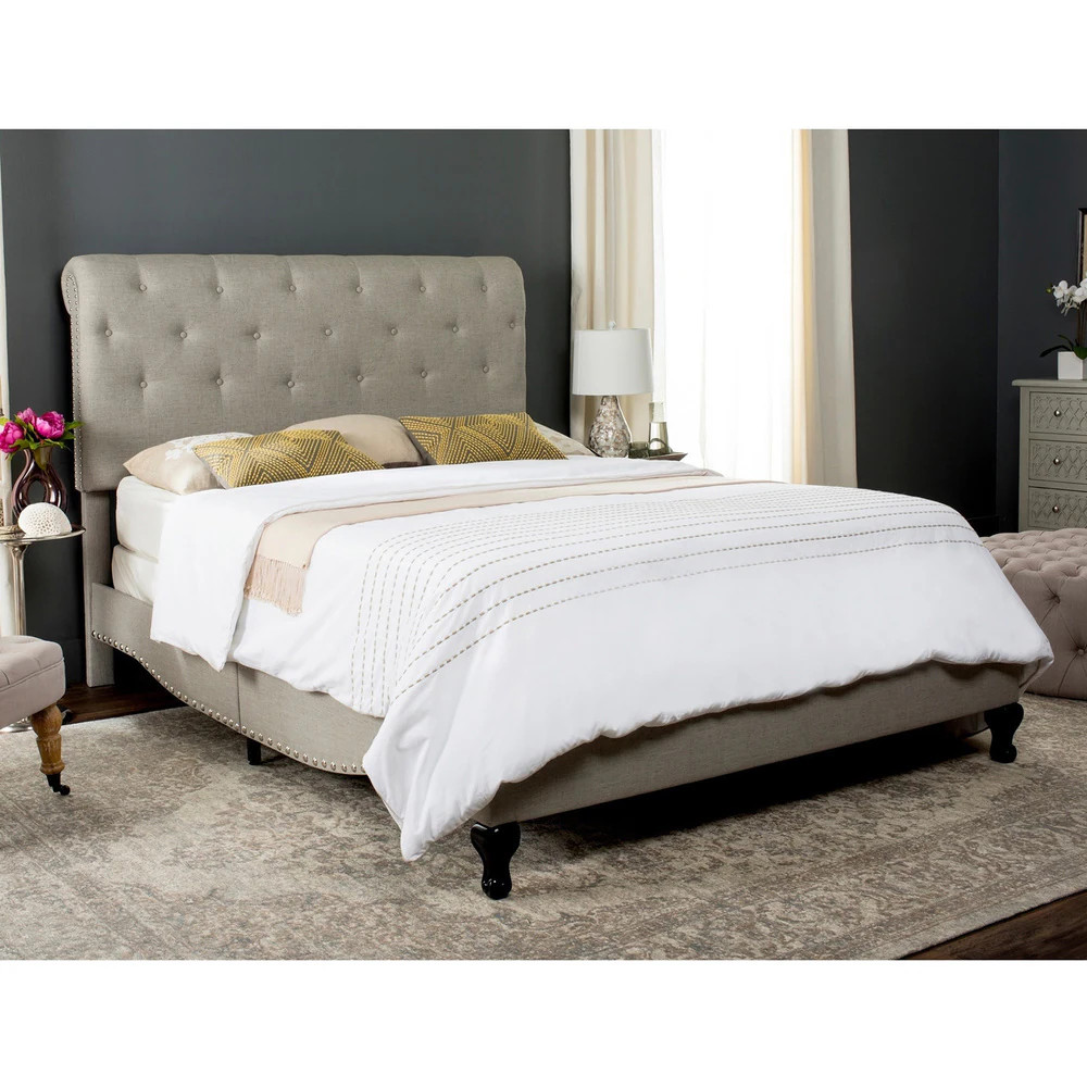 Safavieh Hathaway Light Grey Linen Upholstered Tufted Rolled Back Bed (Queen) (FOX6214D-Q) | Bed Bath & Beyond