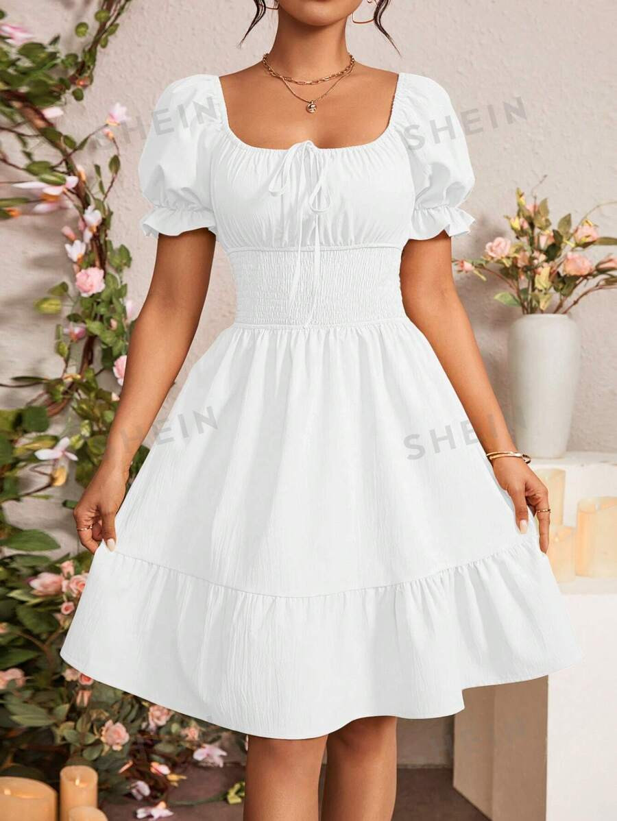 SHEIN Privé Summer Casual Solid Color Puff Sleeve Fitted Waist Dress | SHEIN
