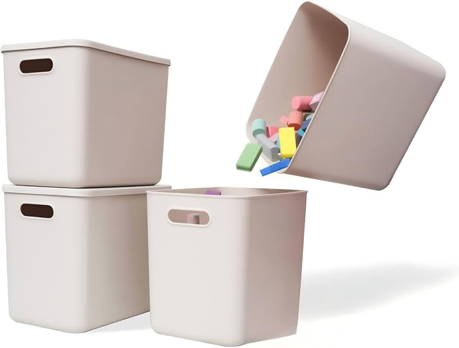 4 Piece Plastic Storage Baskets Boxes with Lids,11.8x8x10 Inch Stackable Organizing Bins with Han... | Amazon (US)