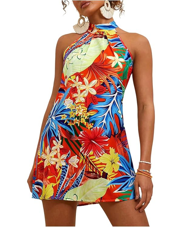 Floerns Women's Sleeveless Floral Print Sundress Halter Neck A Line Short Dress | Amazon (US)