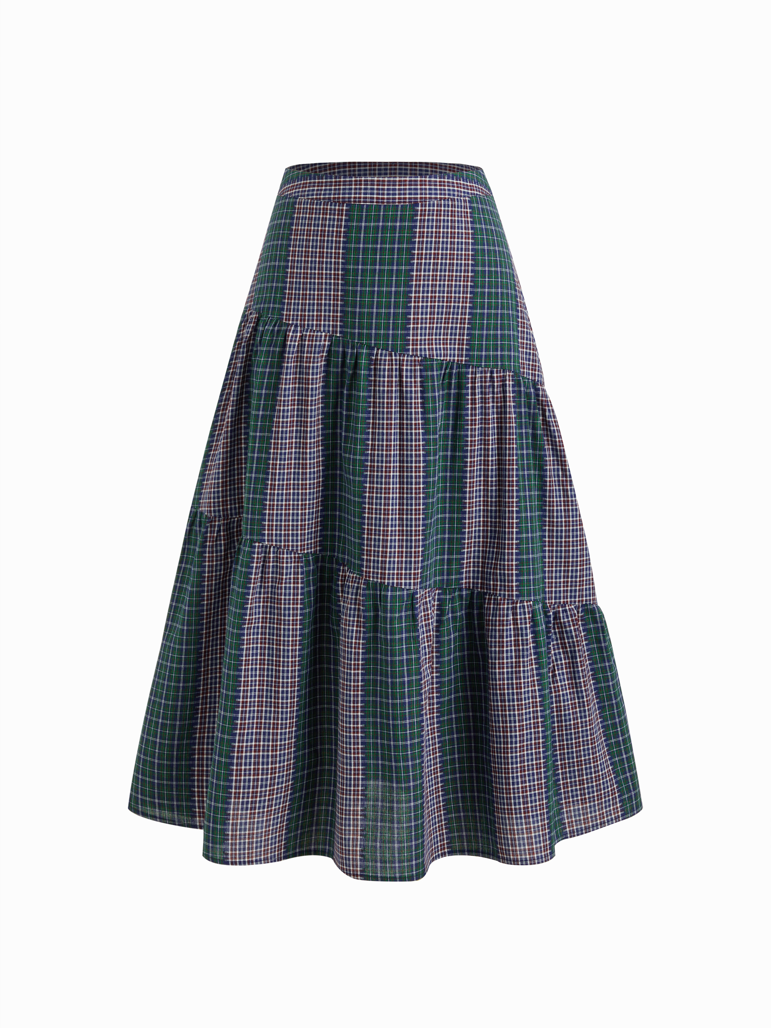 Woven Cotton-blend Mid Rise Tartan Patched Tiered Maxi Skirt For Daily Casual | Cider