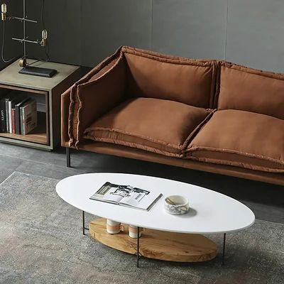 39" Modern White & Natural Oval Coffee Table with Storage Shelf Light Wood and Metal-Homary | Homary