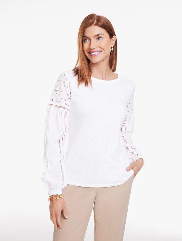 Eyelet Sleeve Mixed Media Top | Talbots