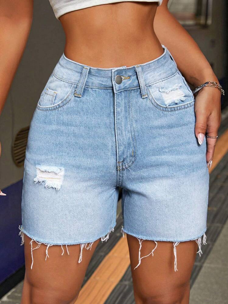 SHEIN PETITE Women's Casual Denim Shorts With Ripped Detail, Frayed Hem And Pockets ,Petite Women | SHEIN