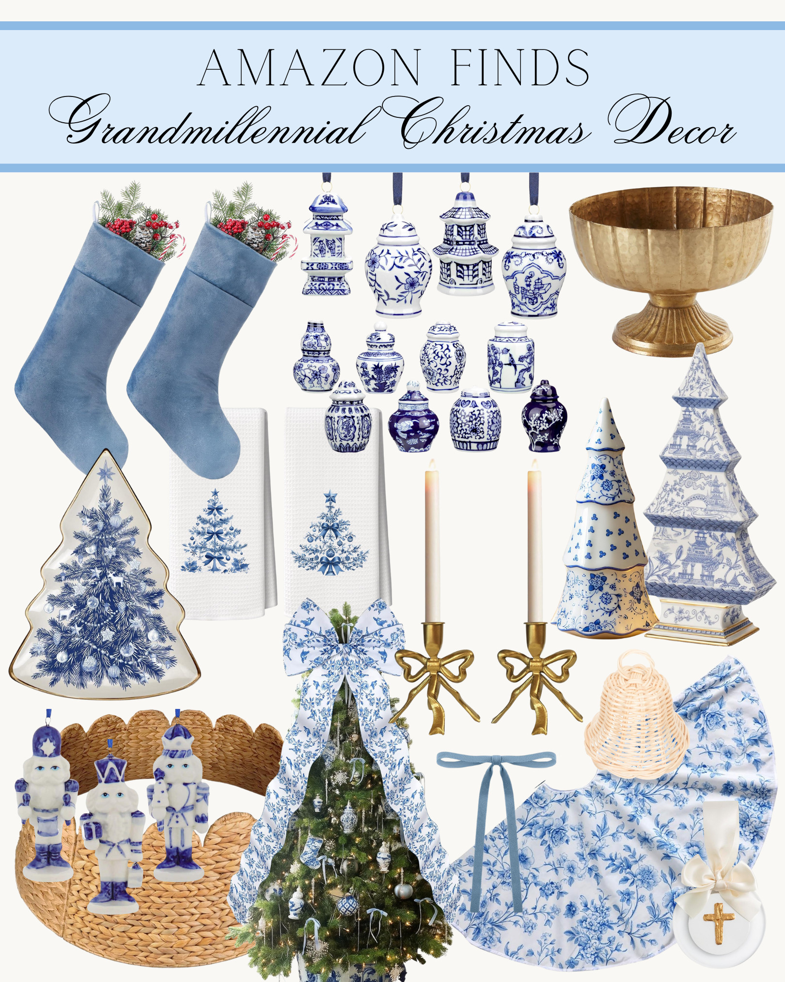 Blue & white grandmillennial Christmas decor 

 #LTKSeasonal #LTKHome #LTKFindsUnder50