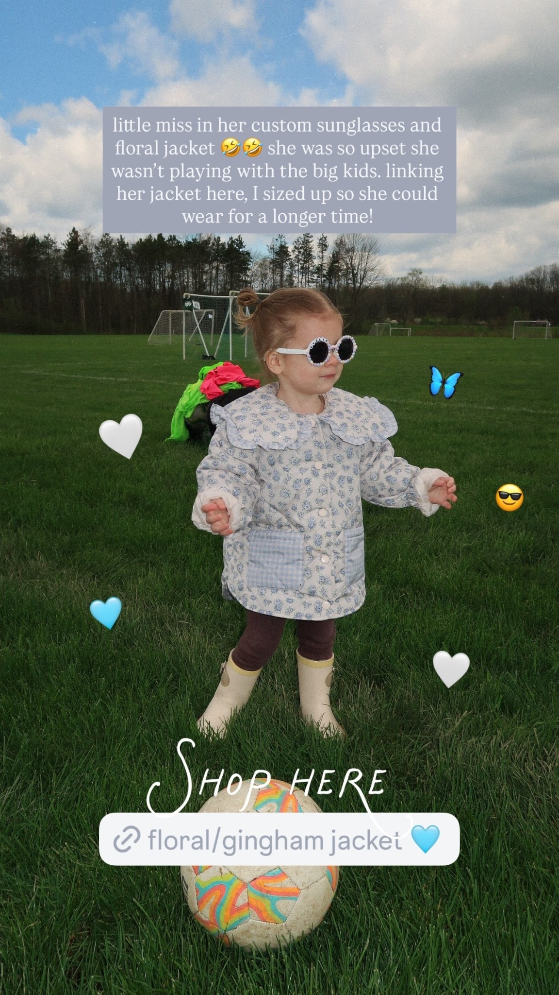 little miss in her custom sunglasses and floral jacket 🤣🤣 she was so upset she wasn’t playing with the big kids. linking her jacket here, I sized up so she could wear for a longer time! 🤍 🤍 🦋 🩵 😎